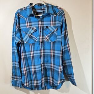 Hurley Snap Shirt Mens L Plaid Blue Long Sleeve Pockets Western Cowboy